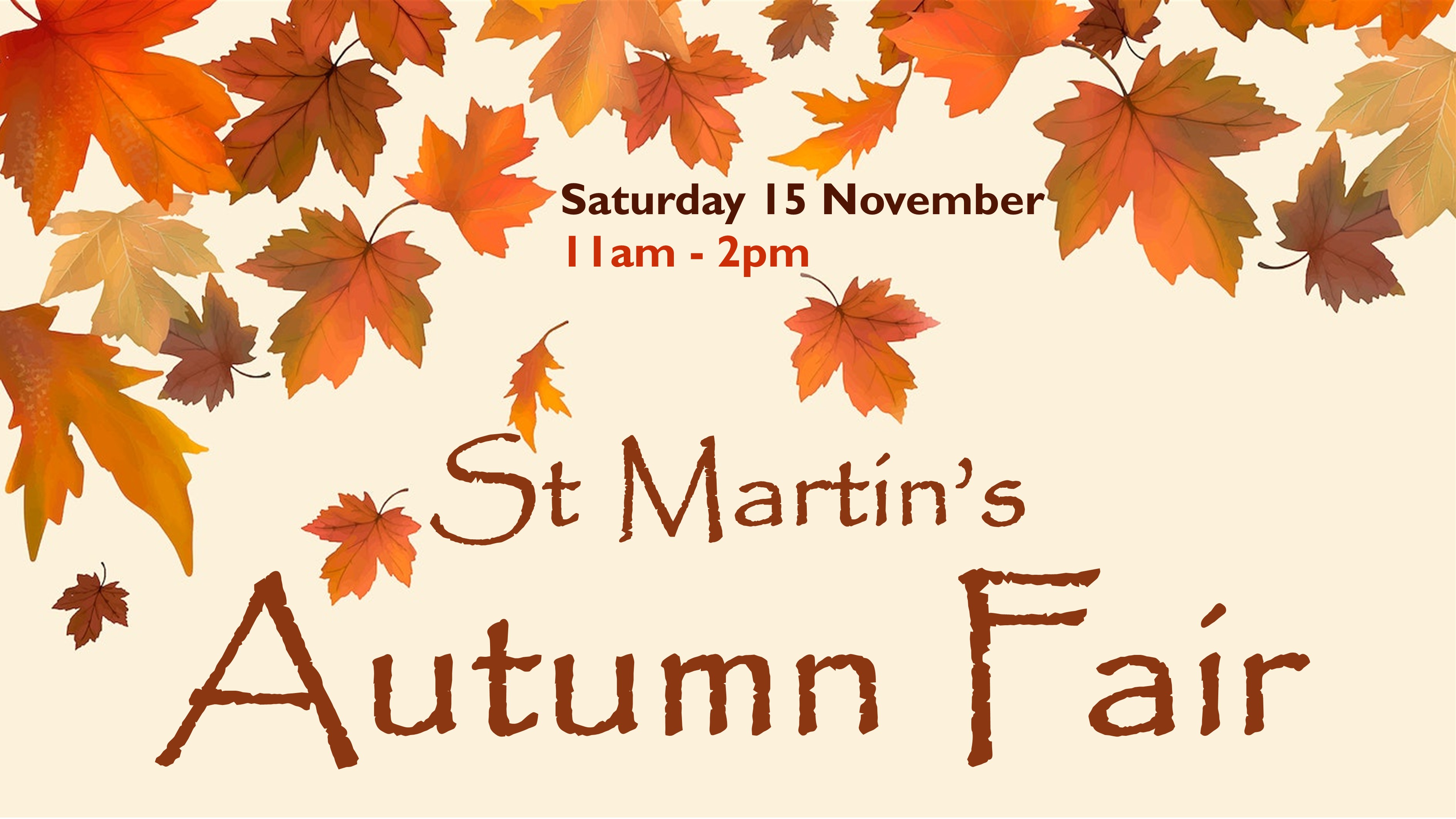 Details of St Martins' autumn fair on a light brown background with falling autumn leaves