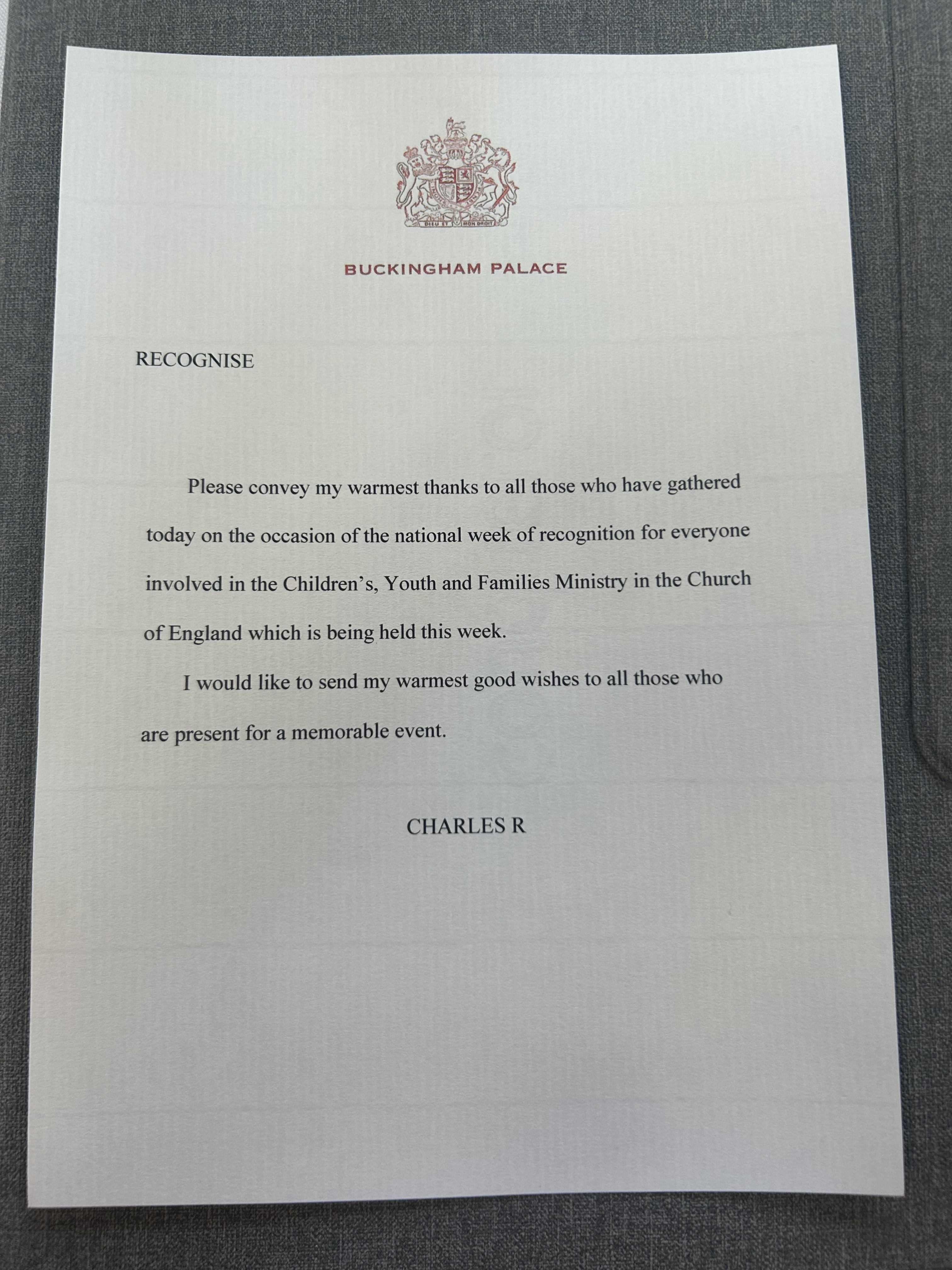 Typed letter from King Charles on Buckingham Palace headed notepaper