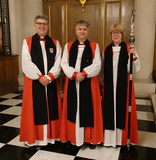 Bishop Hugh standing between Bishop Martin and Bishop Sarah Mullally