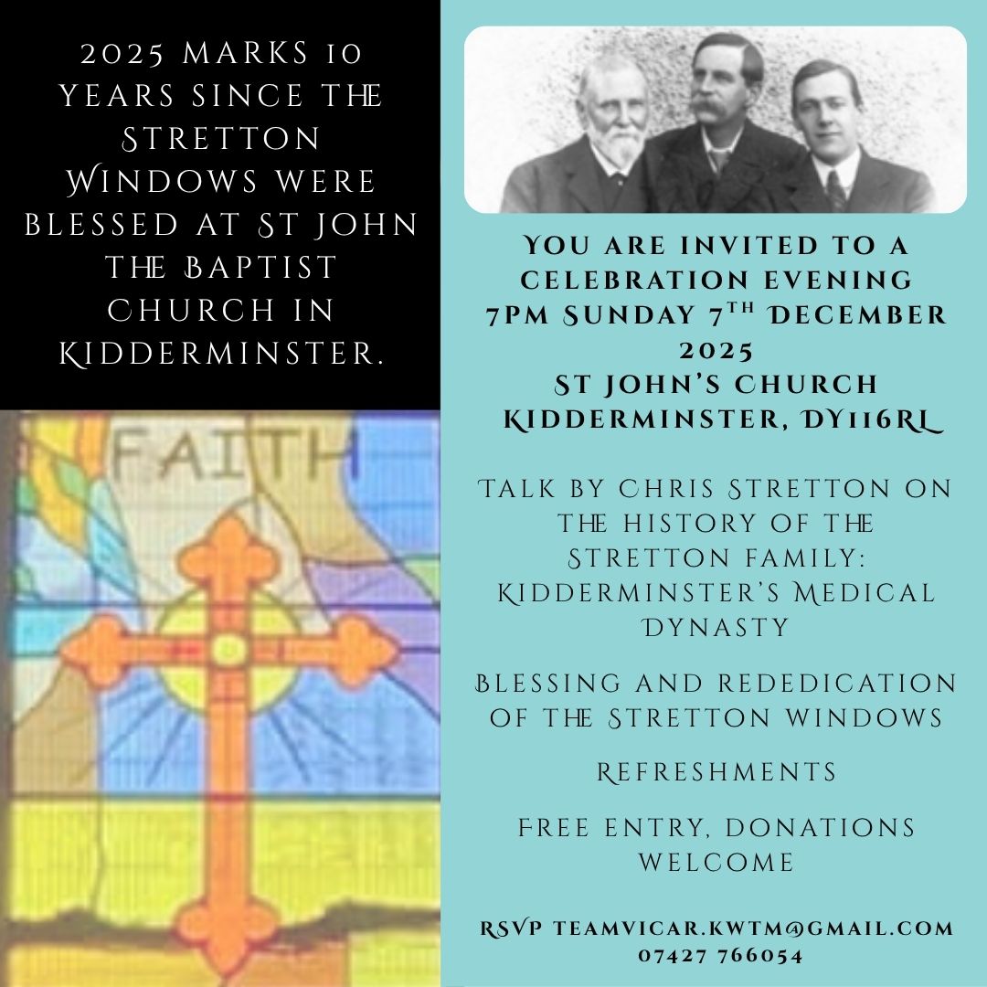 A poster about the event about the Stretton windows at St John's Church, Kidderminster