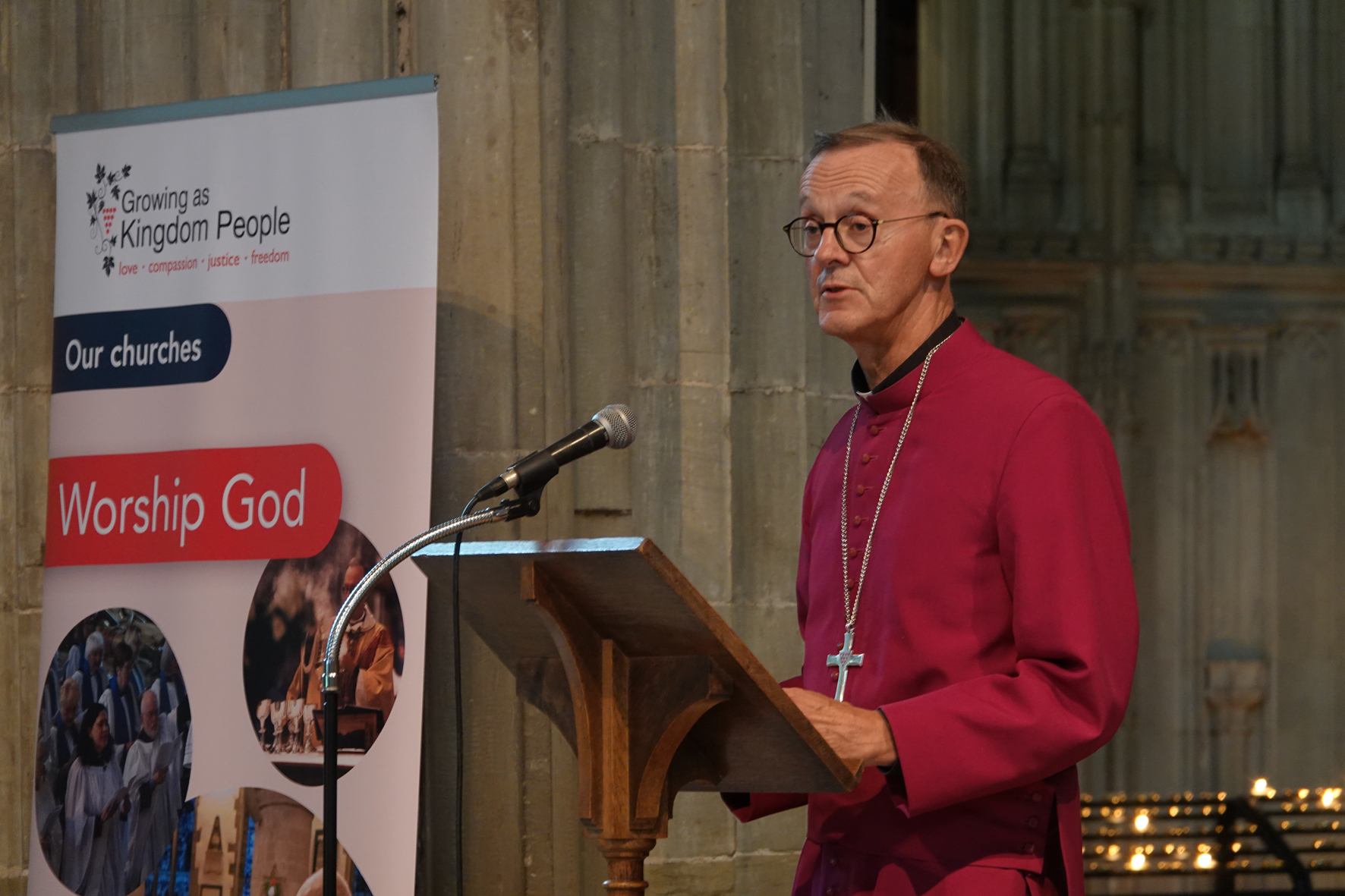 Bishop John at the lectern in the cathedral launching praying for growth