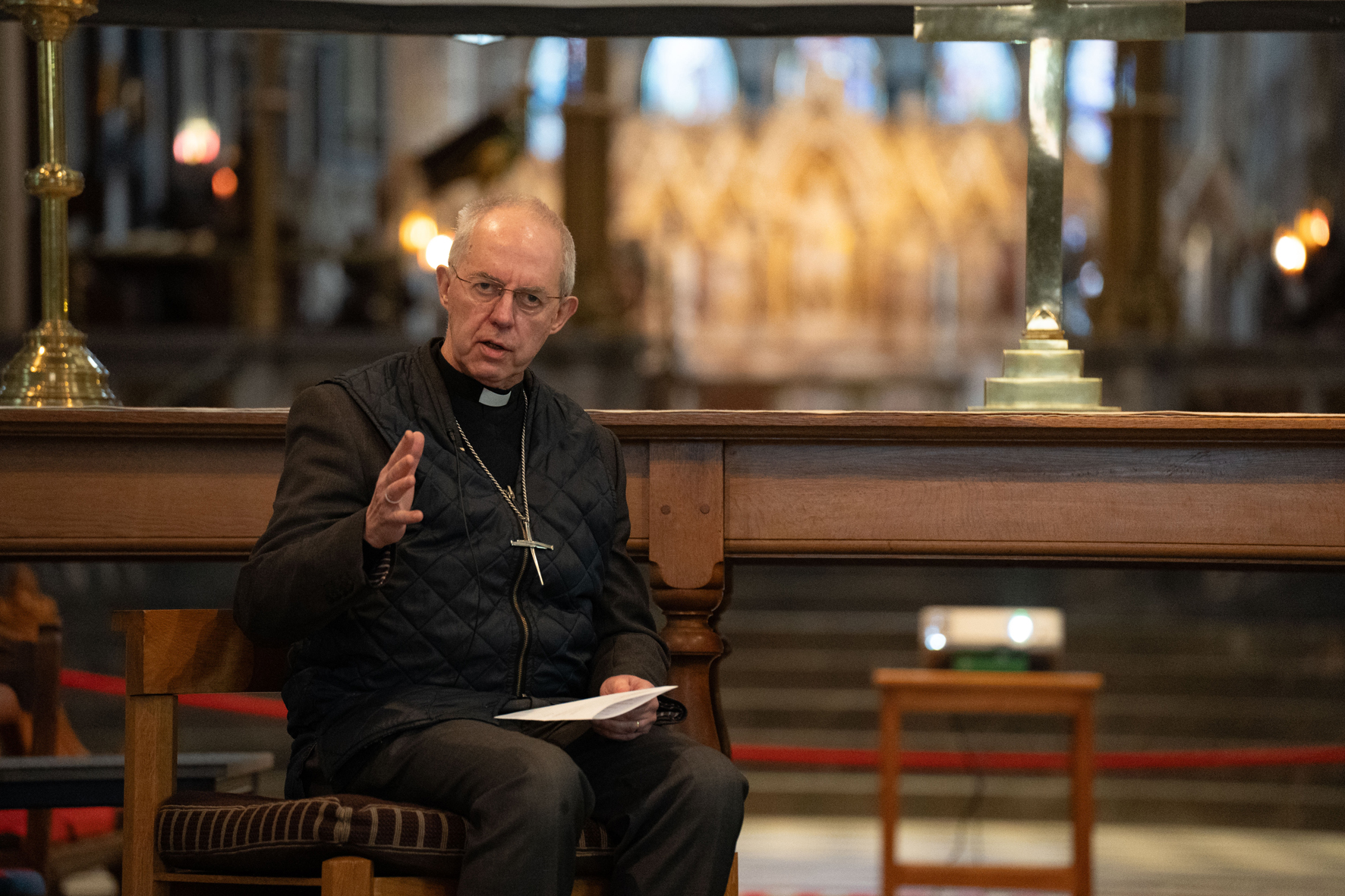 Archbishop Justin sat in front of the altar at Worcester Cathedral