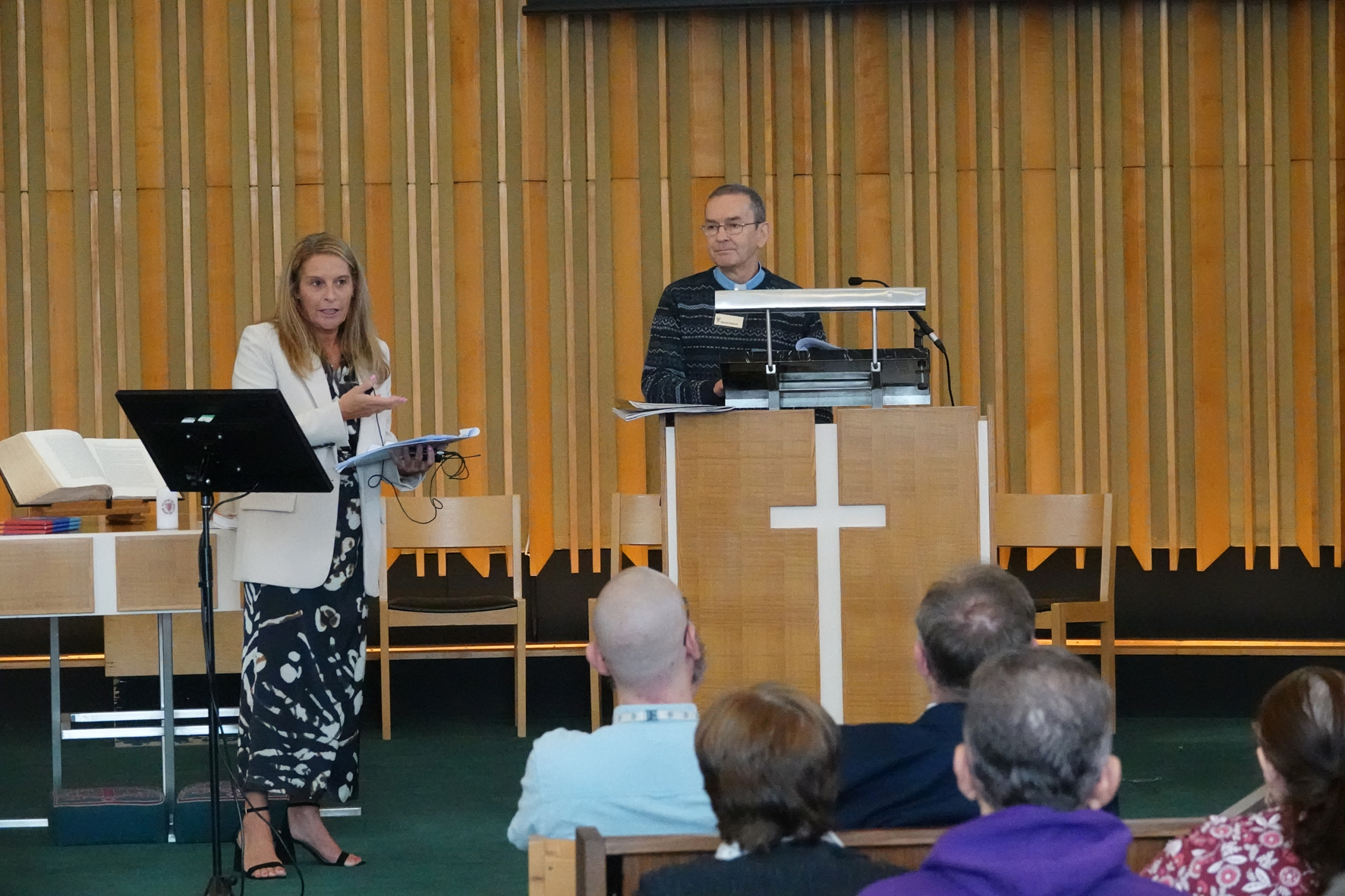 Clare Snape and David Hildred talking to the clergy study morning