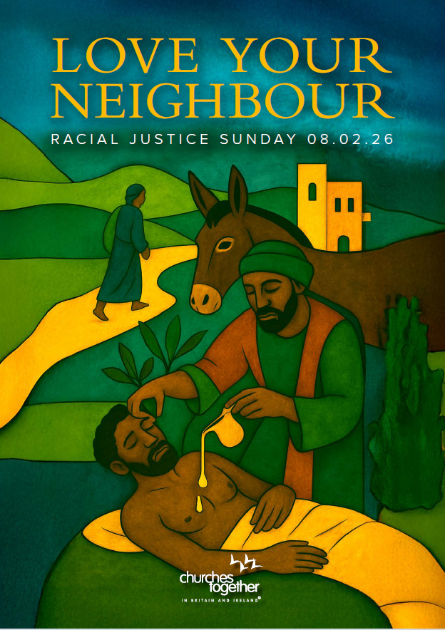 The Racial Justice Sunday poster for 2026 with a visual representation of the good Samaritan