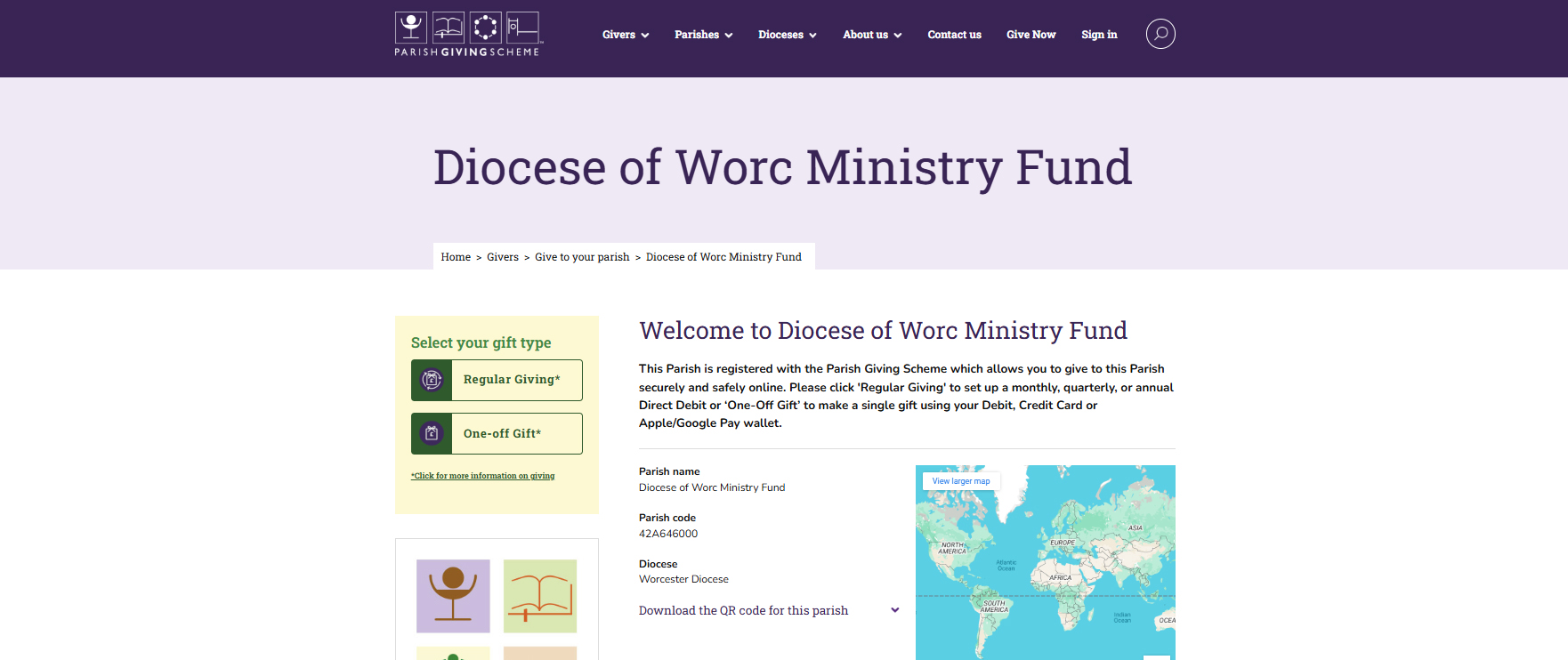 Screen grab of the Diocese of Worcester ministry fund web page
