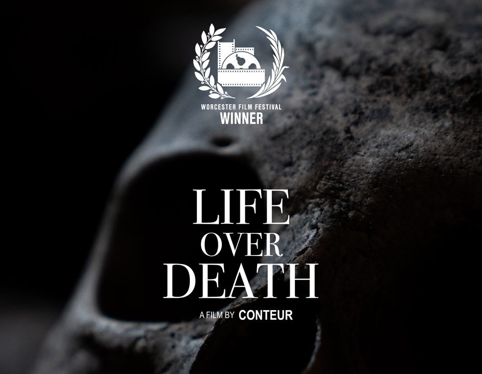 Poster of the Life over death film with a skull pictured in the background