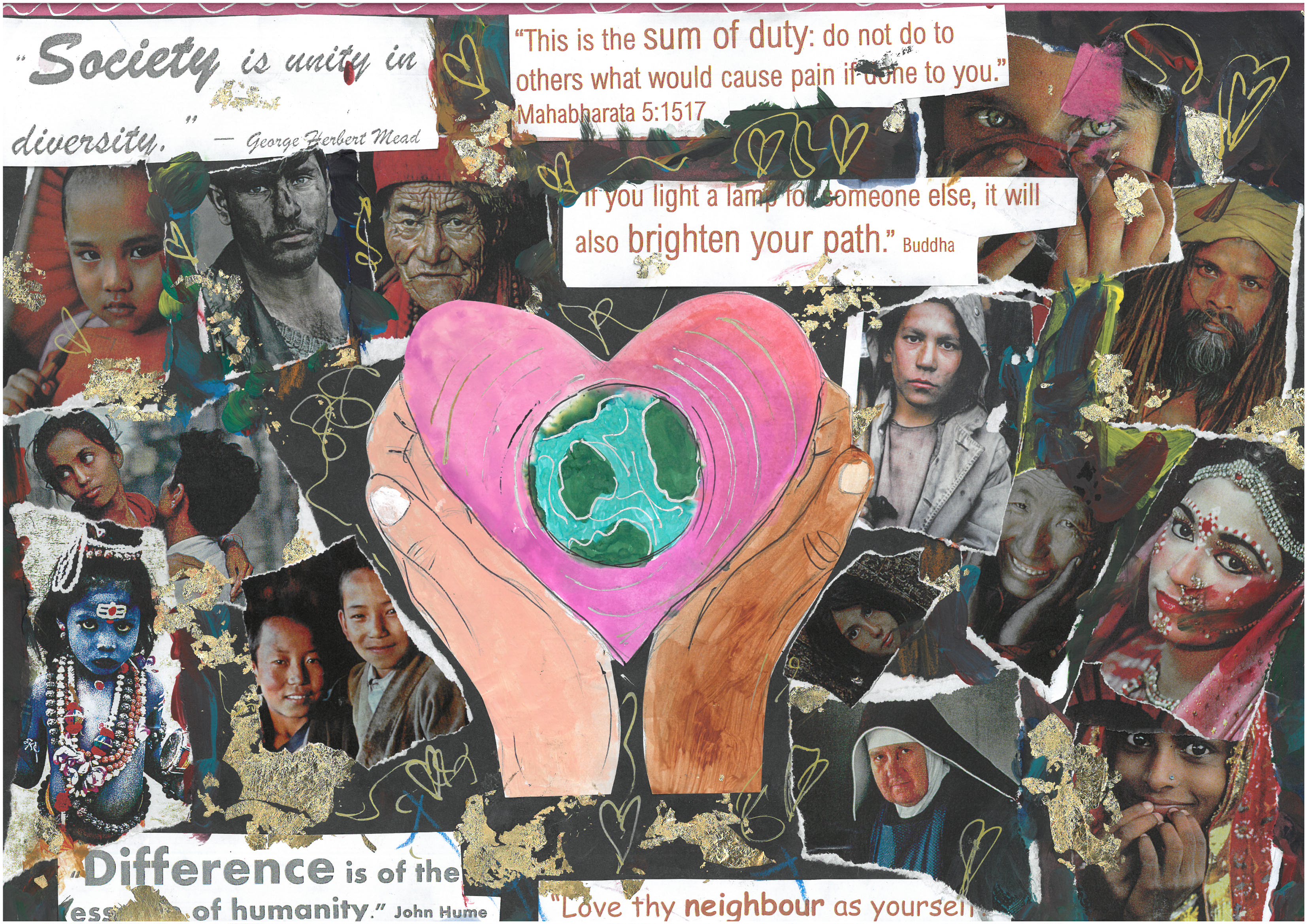Emilia's artwork which pictures a pink heart surrounding a globe being held by two different hands and pictures of lots of different people alongside bible quotes.