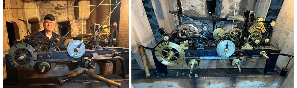 Two photos showing the mechanism inside St James' Jubilee clock before and after it had been cleaned and repaired