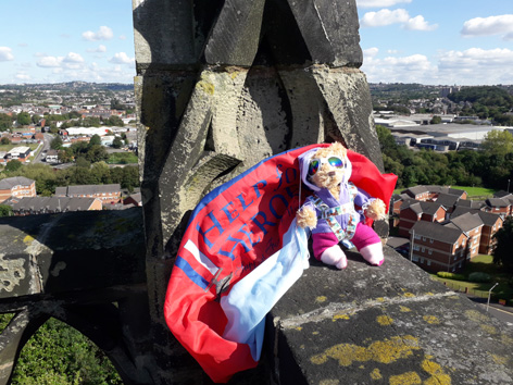 teddy waiting to parachute from cradley tower