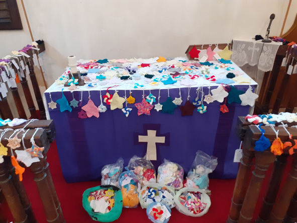 knitted stars on the altar at St Nicholas Church