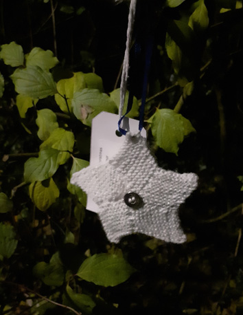 knitted star hanging on a hedge